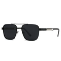 Men's polarized sunglasses with black double-bridge square frame and silver metal accents - Black Frame Black Grey Lens