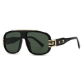 Modern retro oversized black sunglasses with green lenses and gold metal accents - Black Frame Green Lens