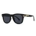 Modern retro square sunglasses for men in glossy black with gold temple accents - Black Frame Grey Lens