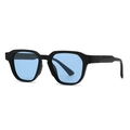 Modern retro round sunglasses with matte black frames and light blue lenses in 45-degree view - Black Frame Blue Lens (C2)