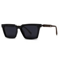 Retro rectangular black frame polarized sunglasses with dark wood grain textured temples - Black Frame Black Grey Lens