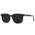 Classic square black polarized sunglasses with vintage brown wood grain temples and silver arrow - Black Frame Black Gray