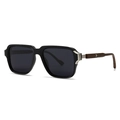 Classic round polarized sunglasses with black frames and brown wood grain temples - Black Frame Grey Lens