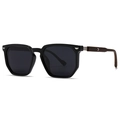 Retro polarized sunglasses with bold black frame and wooden temples in a 45-degree angle view - Black Frame Black Gray
