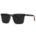 Retro square oversized sunglasses with dark green frames and dark wood temples with metal pins - Green Frame Black Grey Lens (C3)