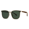 Retro polarized round sunglasses with beige frame and brown wood grain temples - C7 Beige Frame Green Lens