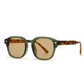 Modern olive green square sunglasses with tortoise temples and brown lenses shown at 45-degree - Green Frame Yellow Lens Leopard Arm (C7)