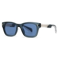 Retro square dark teal sunglasses with blue lenses and engraved metal core temples - Blue Frame Blue Lens