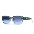 Detail of dark teal translucent sunglasses frame with silver arrow metal accent and gradient lens - Green Clear Gradient Frame Gray Blue Lens