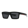 Polarized square black sunglasses with sporty red stripe detail on temple in 45-degree view - C1 Bright Black Frame Grey Lens