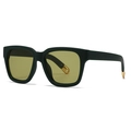 Retro square sunglasses with matte green frame and yellow lenses, side view 45 degrees - Green Frame / Green Lens