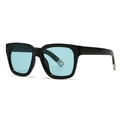 Modern square black sunglasses with transparent light blue lenses and silver accents - Black Frame Blue Lens