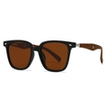 Classic round polarized sunglasses with black frame and brown wood grain temples - C6 Black Tea (Black Frame/Tea Lens/Brown Wood Temples)