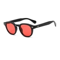 Retro round black sunglasses with translucent red lenses and silver diamond rivet accents - Black Frame Red Lens