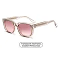 Square fashion sunglasses with transparent tea frame and gradient pink lenses at a 45-degree angle - Transparent Tea Frame Gradient Pink Lens