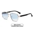 Moderne schmale silberne Pilotenbrille aus Metall mit blauen Verlaufsgläsern auf weißem Grund - Silberner Rahmen Farbverlauf Blau Glas