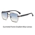 Retro pilot sunglasses with gunmetal frame and gradient blue lenses in a 45-degree side view - Gunmetal Frame Gradient Blue Lens
