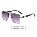 Narrow gunmetal rectangle sunglasses with gradient grey lenses and striped temples - Gunmetal Frame Gradient Grey Lens (C5)