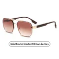 Narrow gold metal sunglasses with gradient tea lenses and iconic striped temple detail - C5 Gold Frame Gradient Tea Lenses
