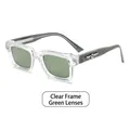 Quadratische transparente Sonnenbrille mit grünen Gläsern und silbernen Flügeln an den Bügeln - Transparenter Rahmen Transparente Grüne Gläser (C5)