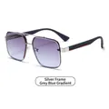 Modern narrow frame sunglasses with silver metal double bridge and gradient lenses - Silver Frame Grey Blue Gradient