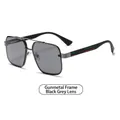 Chic gunmetal frame square sunglasses with grey lenses and red-green striped temples - Gunmetal Frame Black Grey Lens