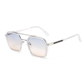 Moderne Retro Sonnenbrille mit silbernem Doppelsteg Rahmen und blau-orange Verlaufsglas - C2 Silberner Rahmen Blau Braun