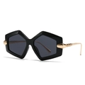 Fashionable oversized hexagonal sunglasses in glossy black frame with gold metal temples - Black Frame Black Grey Lens