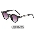 Glossy black frame square sunglasses with gradient grey lenses and silver metal relief - Glossy Black Frame Gradient Grey Lens