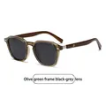 Polarized round sunglasses with olive green frames and dark wood texture temples - Olive Green Frame Black Grey Lens