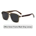 Olive green polarized round sunglasses with wood grain temples and black grey lenses - Olive Green Frame Black Grey Lens