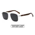 Classic round sunglasses with transparent frames and wood temples, 45-degree angle view - Transparent Frame Black Grey Lens