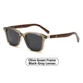 Round polarized sunglasses with olive green frames and wood-textured temples for men and women - Olive Green Frame Black Grey Lens