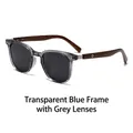 Polarized round sunglasses with transparent blue frame and wooden texture temples - C2 Transparent Blue Frame Black Grey Lens