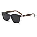 Retro polarized sunglasses with black frames and natural wood temples on white background - Black Frame Black Grey Lens