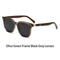 Vintage round polarized sunglasses with olive green frame and wood grain temples - Olive Green Frame Black Grey Lens