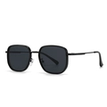 Modern round square black metal sunglasses with dark gray lenses shown in a 45-degree view - Black Frame Black Grey Lens