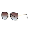 Retro round metal sunglasses with gradient lenses and textured gold temples for women - Black Gold Frame Tea Blue