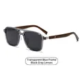 Polarized sunglasses with transparent blue square frame and wood grain textured temples - Transparent Blue Frame Black Gray Lens