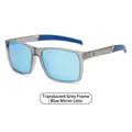 Modern square polarized sunglasses with transparent grey frames and blue mirrored lenses - Transparent Grey Frame / Blue Mirror Lenses (C4)