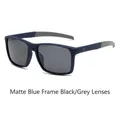 Square polarized sunglasses with matte blue frames and grey lenses in a side-view angle - Sand Blue Frame / Dark Grey Lenses (C3)