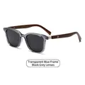 Polarized round sunglasses with transparent blue-grey frame and brown wood temples - Transparent Blue Frame Black Gray Lens