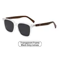 Polarized round sunglasses featuring a transparent resin frame and wood grain temples - Transparent Frame Black Grey Lens