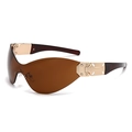 Lunettes de soleil shield carrées rétro avec verres ambrés et charnières dorées ornées - Branche Thé Verre Thé