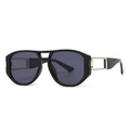 Modern square frame sunglasses with black glossy finish and gold hollow temple accents - Black