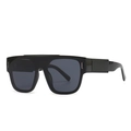 Retro flat top black oversized sunglasses with thick temple and metal decor - Glossy Black Frame Gray Lens