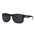 Classic matte black rectangular sunglasses with grey UV lenses and tri-color temple detail - Black Frame / Black Lens