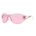 Modern Y2K rimless one-piece shield sunglasses in pink with silver star ornaments - C5 Pink Lens