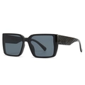 Classic black oversized square frame sunglasses with deep grey lenses and V-textured temples - Bright Black Frame Black Lens (C1)