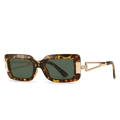 Retro square sunglasses with tortoiseshell frames and gold hollow-out metal temples - Leopard Grain Green Lens (C7 Leopard Green)